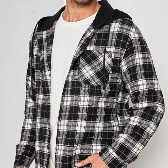 Black And White Mens Hooded Overcoat - Picture 4 of 5